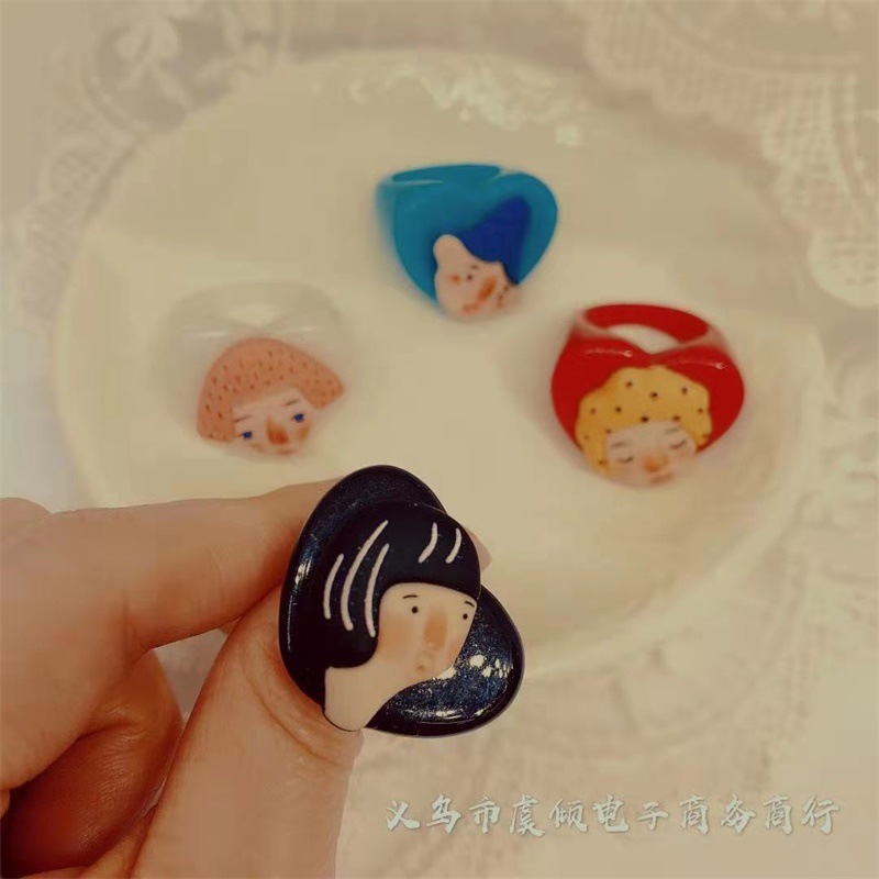 虞倾新款自创diy卡通人物头像女生戒指diy树脂爱心彩色戒子指环