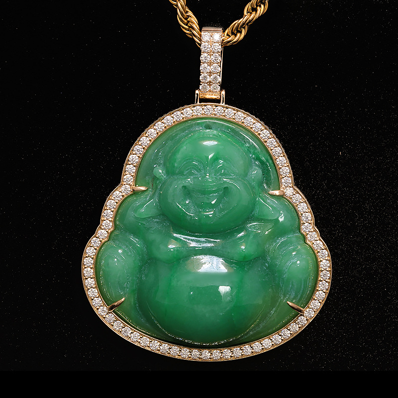 客户定制玉佛金边框吊坠 金边镶嵌莫桑石 加工定制
