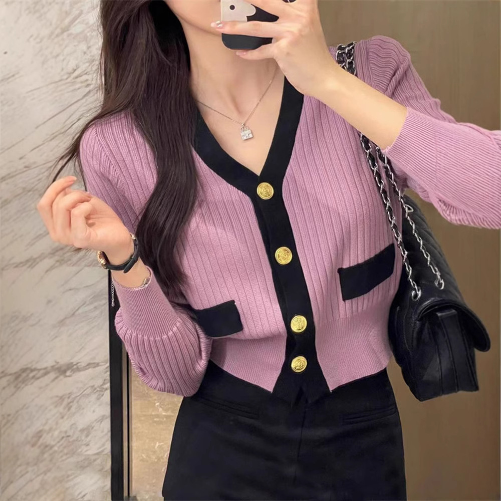 法式小香风别致拼色开衫女早秋2023年新款女装设计感毛衣外套