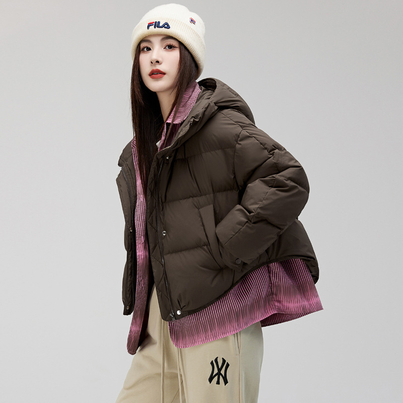 条纹衬衫领拼接假两件羽绒服女2023冬季新款小个子短款白鸭绒外套