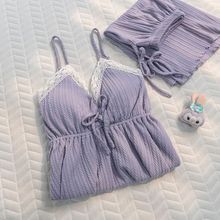 UNMUN夏天紫色质感棉吊带短裤睡衣女新款甜美欲风套装家居服
