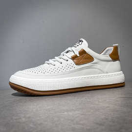 男鞋夏季薄款透气镂空休闲皮鞋真皮小丑鞋男款打孔白色鞋子男潮鞋