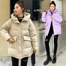 2023冬季新品棉衣女中长款韩版宽松加厚面包服学院风棉服外套纯色