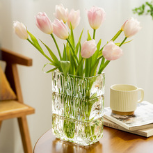 玻璃花瓶摆件客厅插花网红玫瑰鲜花透明水晶感方形小