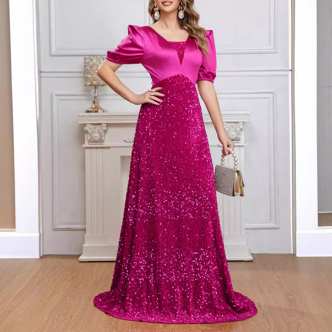 亚马逊跨境专供欧美重工气质通勤亮片连衣裙女装晚礼服鱼尾裙长裙