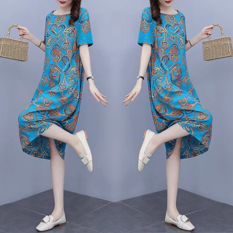 2023 Summer New Dress Best-Seller on Douyin Loose plus Size Women's Clothing Short Sleeve Printed Middle-Aged Mom Dress