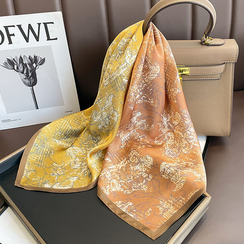Korean Style Surface Distressed Yellow Orange Gradient Color Matching Mulberry Silk Silk Scarf Women's 70 Square Scarf Neck Shawl Arm Bag