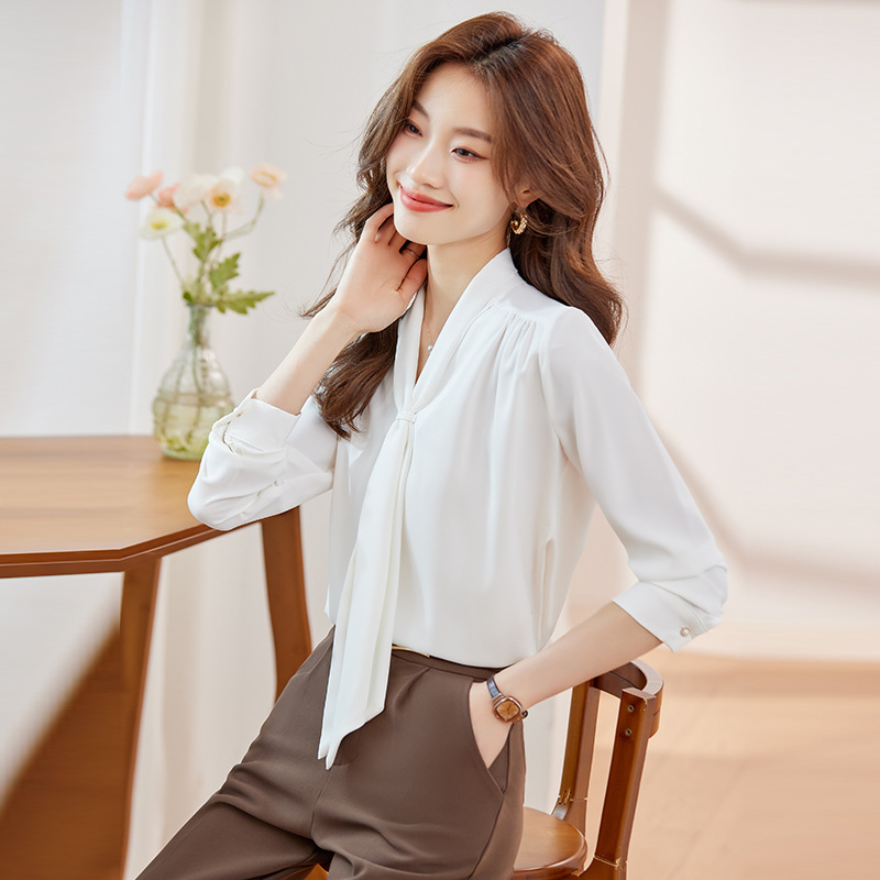 飘带领长袖衬衫女气质通勤内搭外穿时尚春上衣优雅衬衣皱褶白衬衫