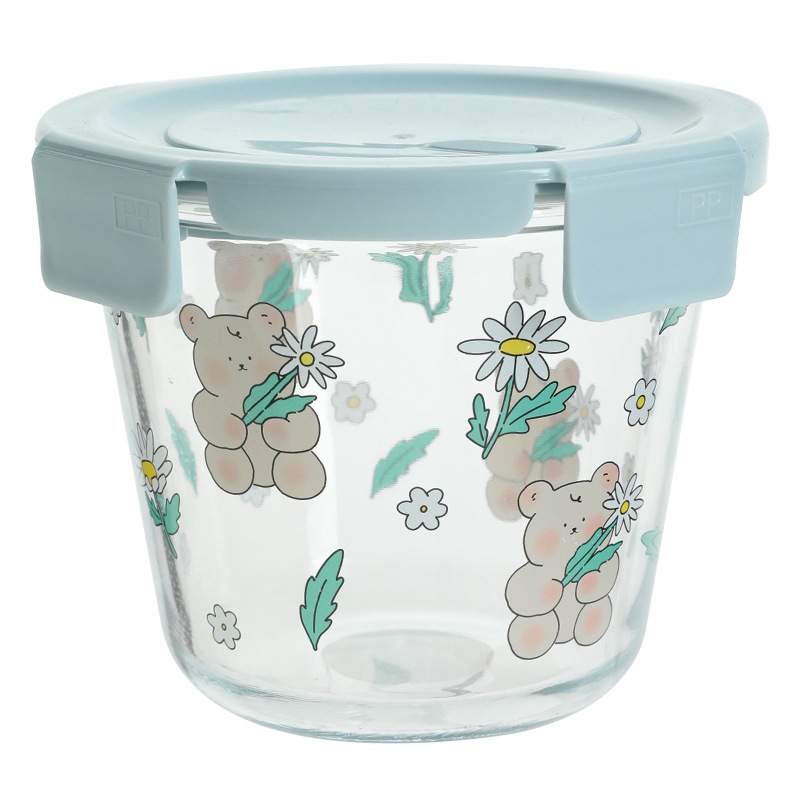 Thermal Transfer Printing Daisy Bear Freshness Bowl Heat-Resistant Glass Crisper Soup Bowl with Lid Portable Glass Bowl