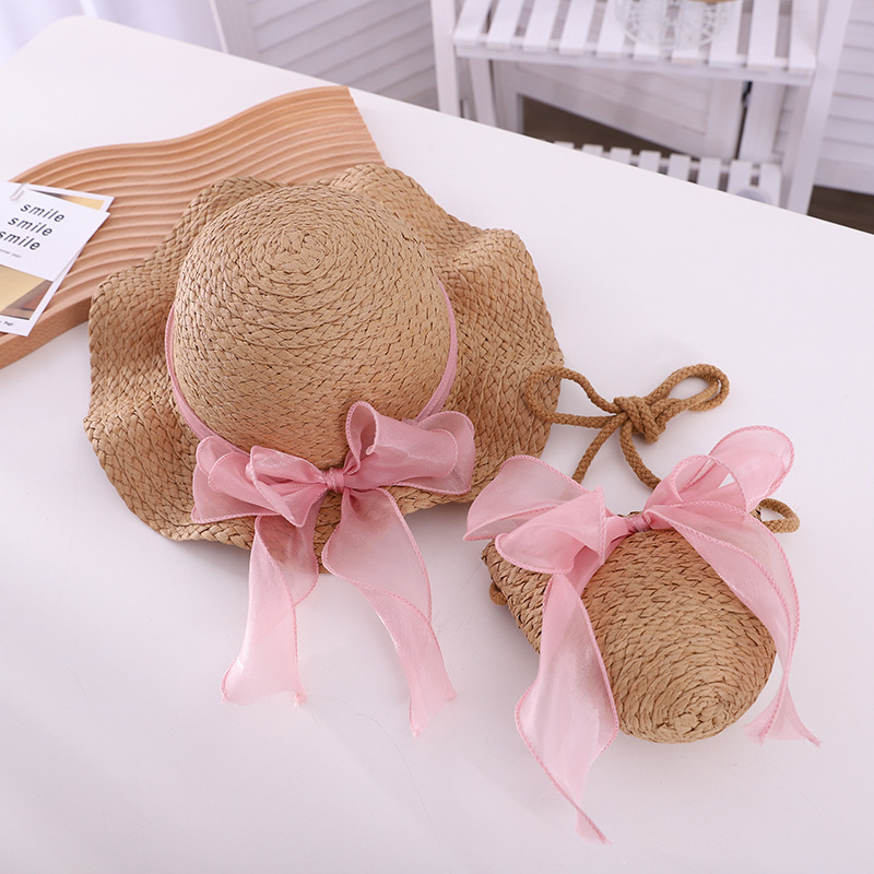 2024 New Straw Hat Satchel Combination Small Fresh Children Cute Hat Bag Summer Girls Travel Matching