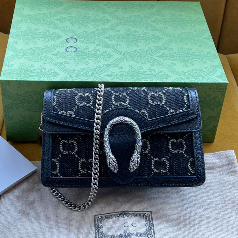 原单新款酷奇丹宁牛仔酒神supermini系列单肩斜挎虎头扣链条女包