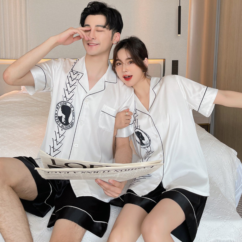 情侣仿真丝睡衣女时尚薄款开衫字母头像潮流印花短袖套装男家居服