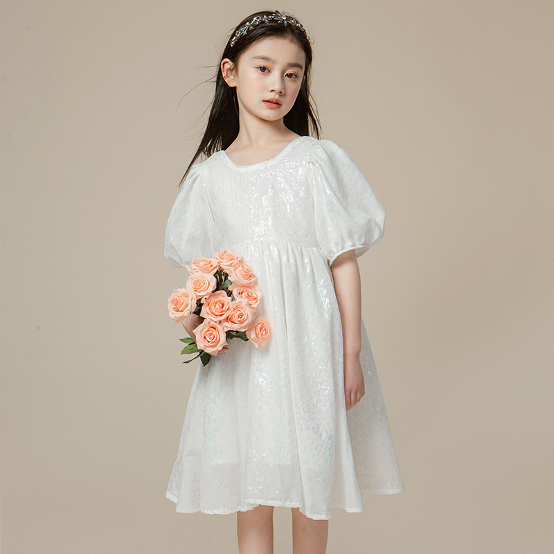 六一表演白色甜美女童公主网纱裙泡泡袖亮片连衣裙中大童时尚裙子