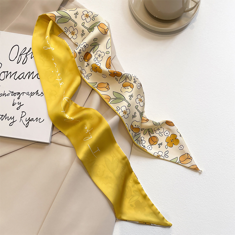 Yellow Look Fair Small Silk Scarf Spring and Summer Thin Narrow Ribbon Female Hair Band Tied-up Hair Tied Bag Decoration High-Grade Sense Long Scarf