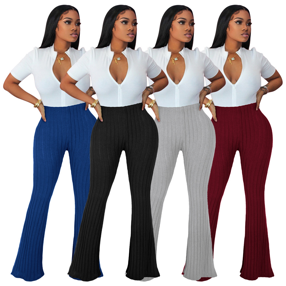 Weimeizi Fashion Solid Color 12*4 Brushed Women's Clothing Bootcut Trousers Cross-Border Amazon Wish Flared Pants in Stock