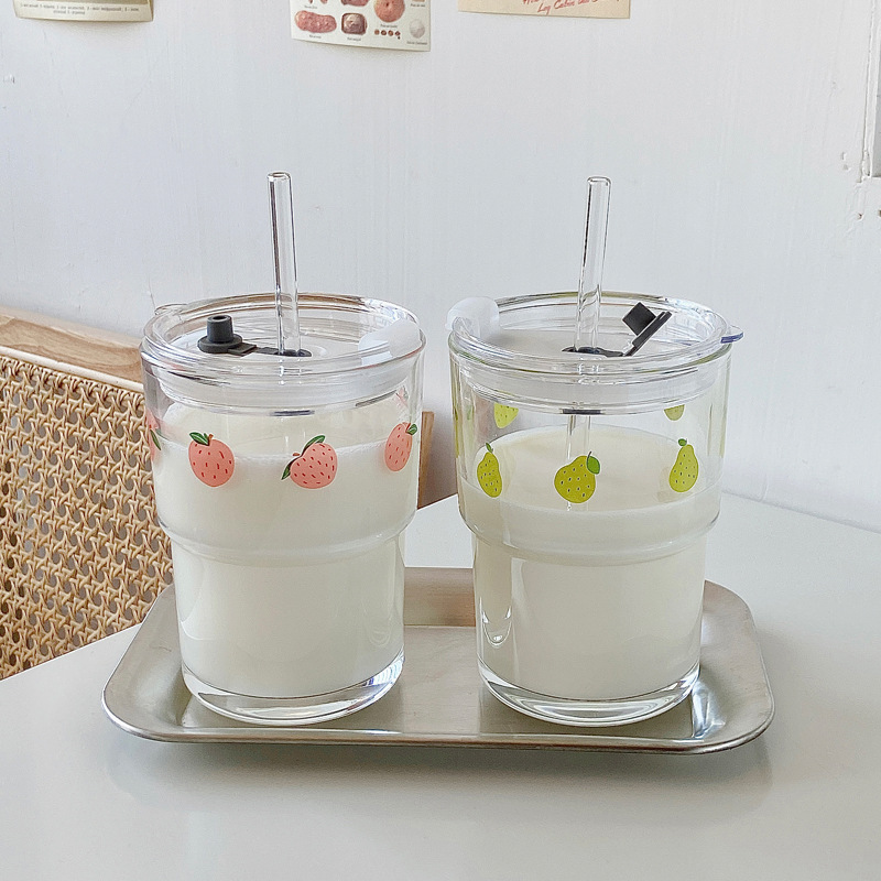 Korean Ins Style Girl Heart Cup with Straw Glass Flower Large Capacity Milky Tea Cup Water Cup Iced Coffee Cup