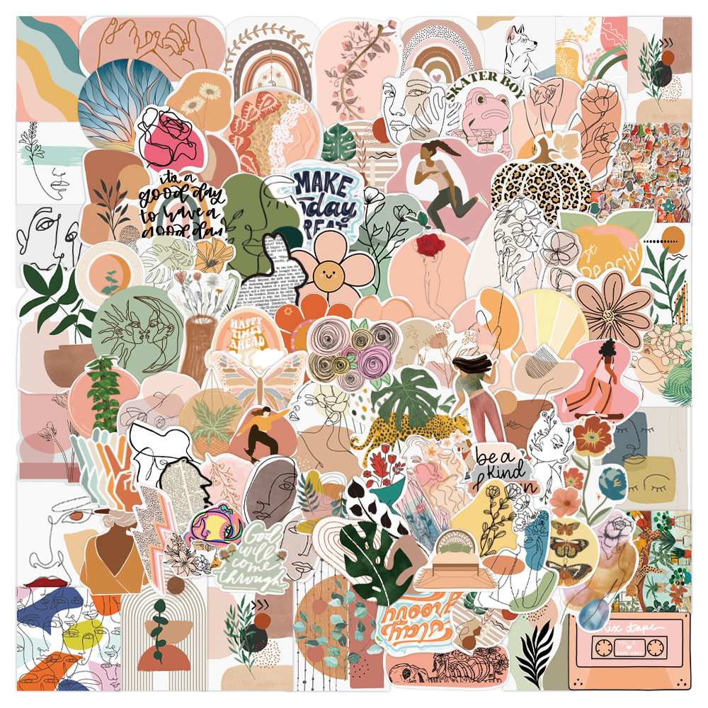 100张小清新自创ins波西米亚涂鸦贴纸行李箱头盔拉杆箱贴纸批发