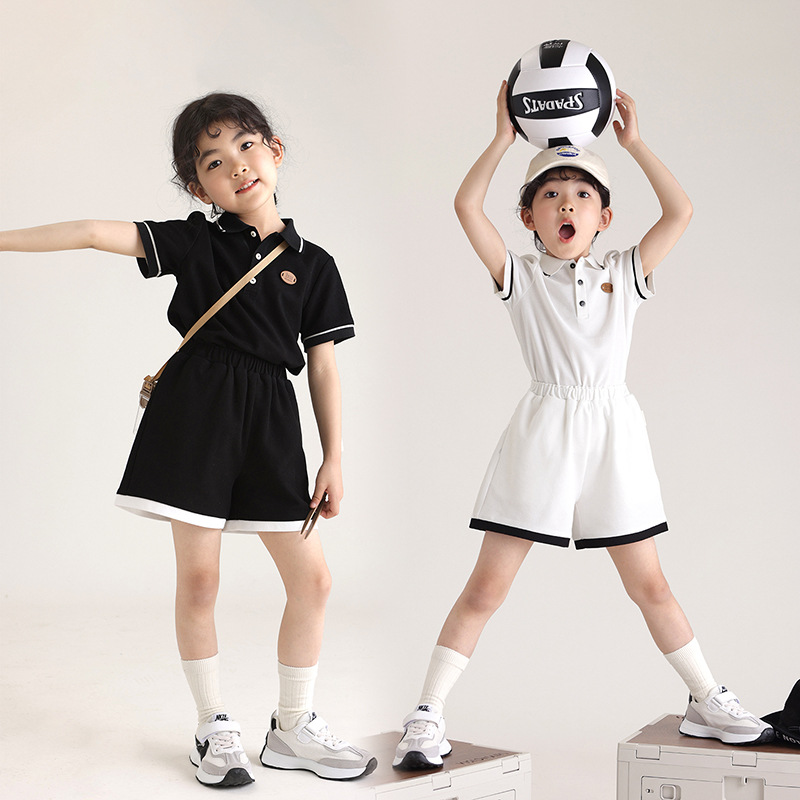 丫咪潮童夏撞色polo学院风儿童套装男女宝宝短袖短裤幼儿园bi入款