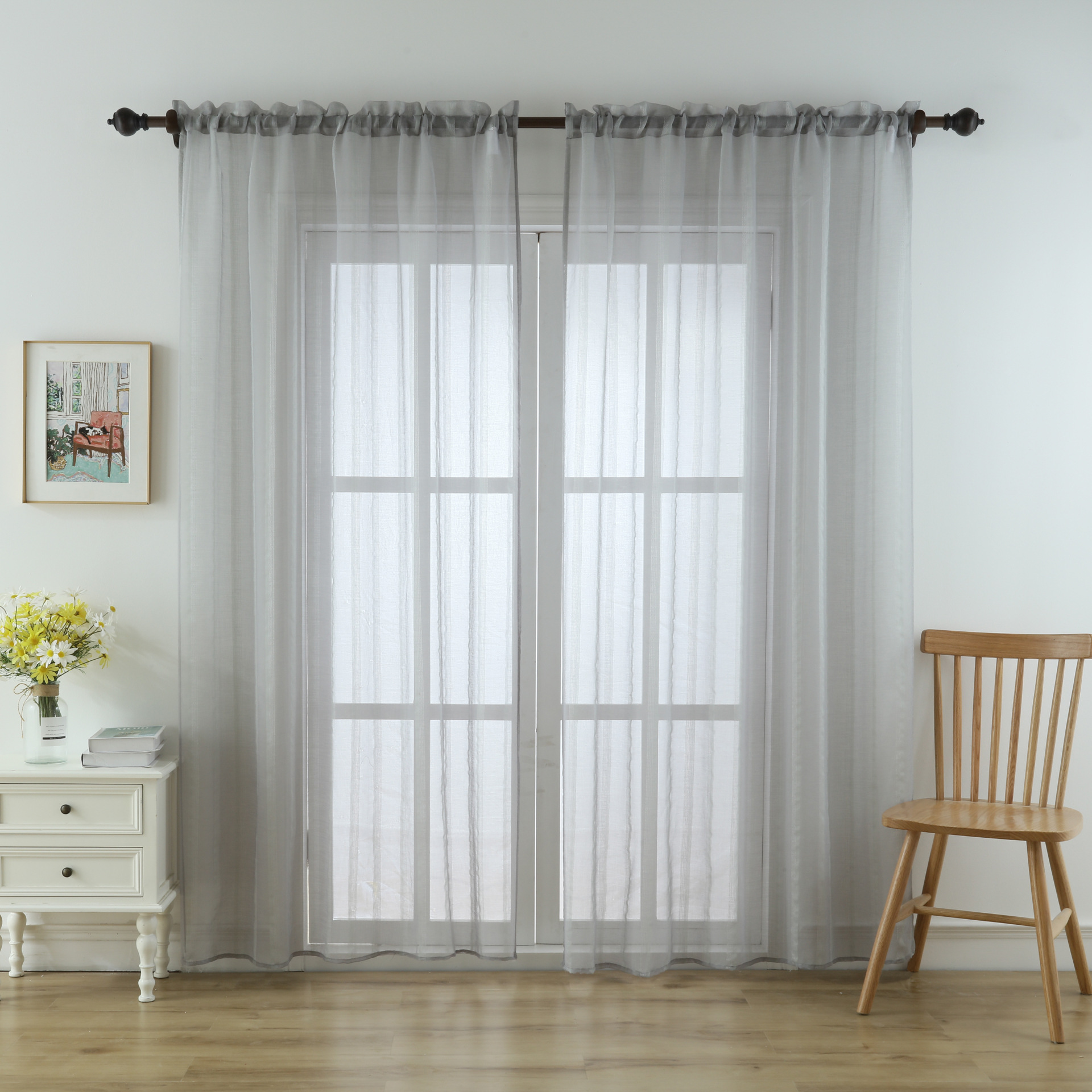 亚马逊跨境专供仿棉麻提花窗纱美式竖条纹纱帘工厂直销成品窗帘纱