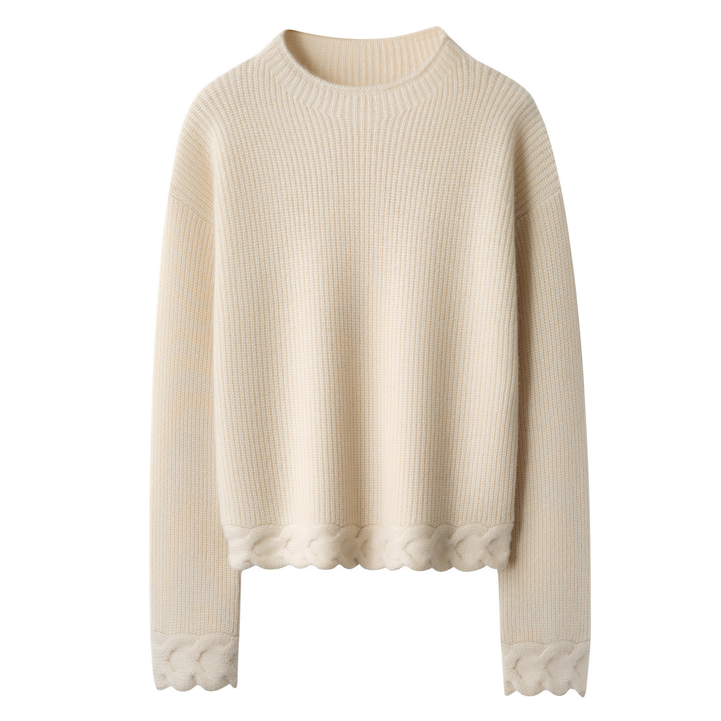 新款羊绒衫女士气质上衣纯色下摆扭花圆领套头羊绒针织毛衣打底衫