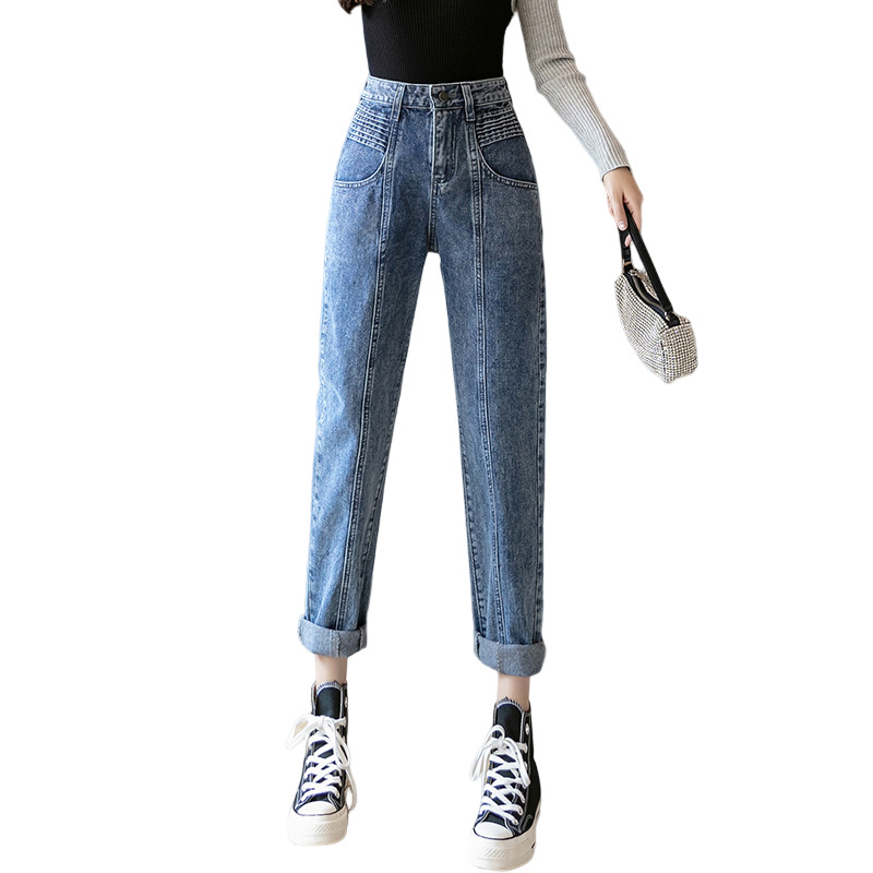 Cross-Border Stretch Fabric Jeans Women's Retro High Waist Simple Casual Slimming Korean Style Straight Raddish Dad Jeans