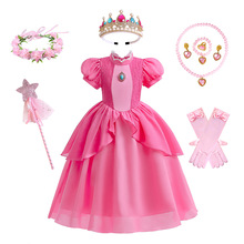 2023外贸爆款粉色桃子碧琪公主裙Peach儿童超级玛丽马里奥游戏服