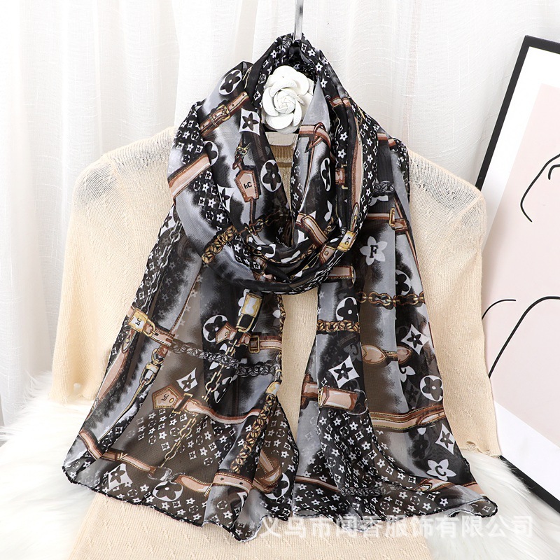 Autumn and Winter Letter Scarf Women's Fashion Fashion Presbyopic Chain Chiffon Scarf Ol Commuter Professional Neck Scarf Gauze Kerchief