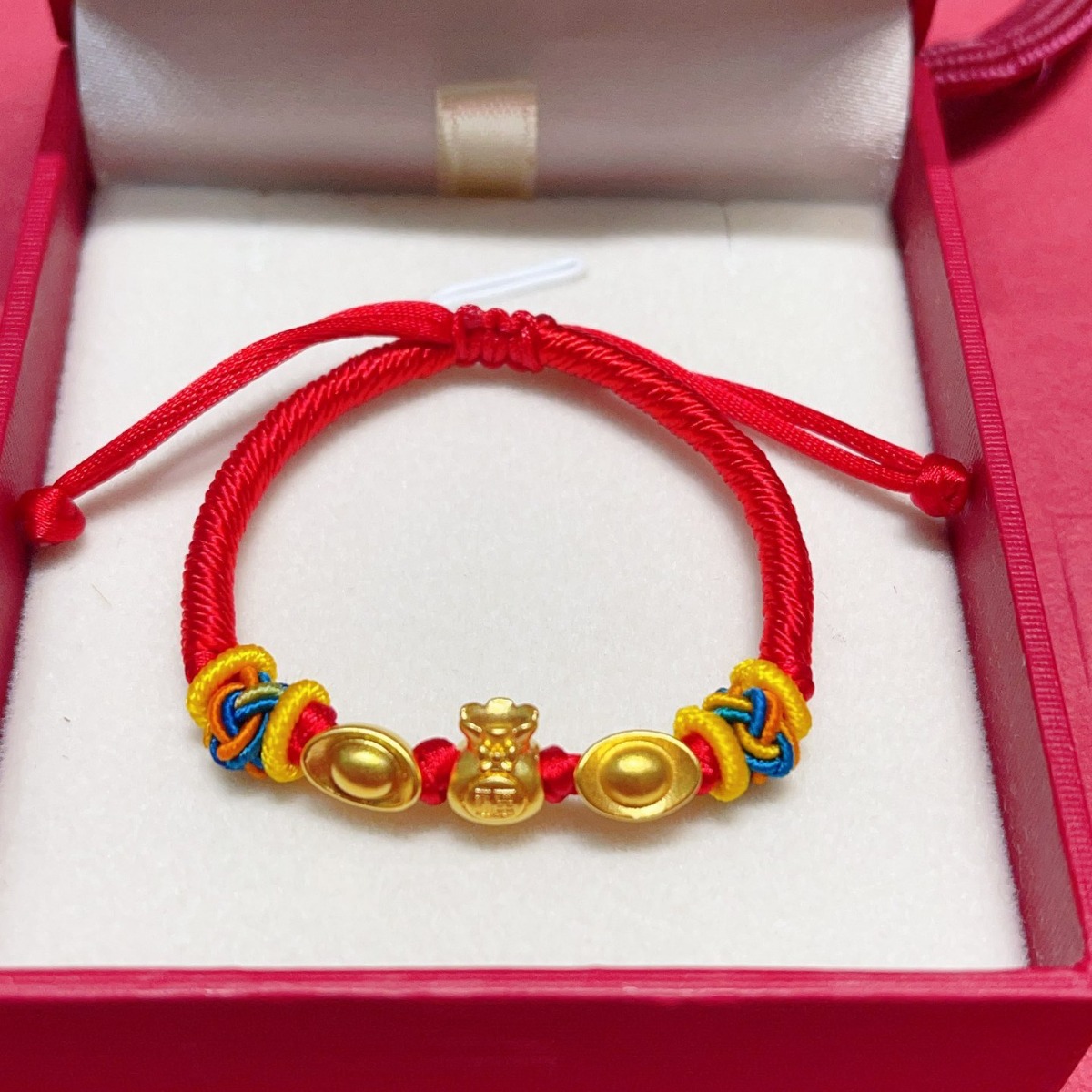 龙年礼品纯黄金手工编织手链女红绳手串足金正品水贝金元宝金福袋