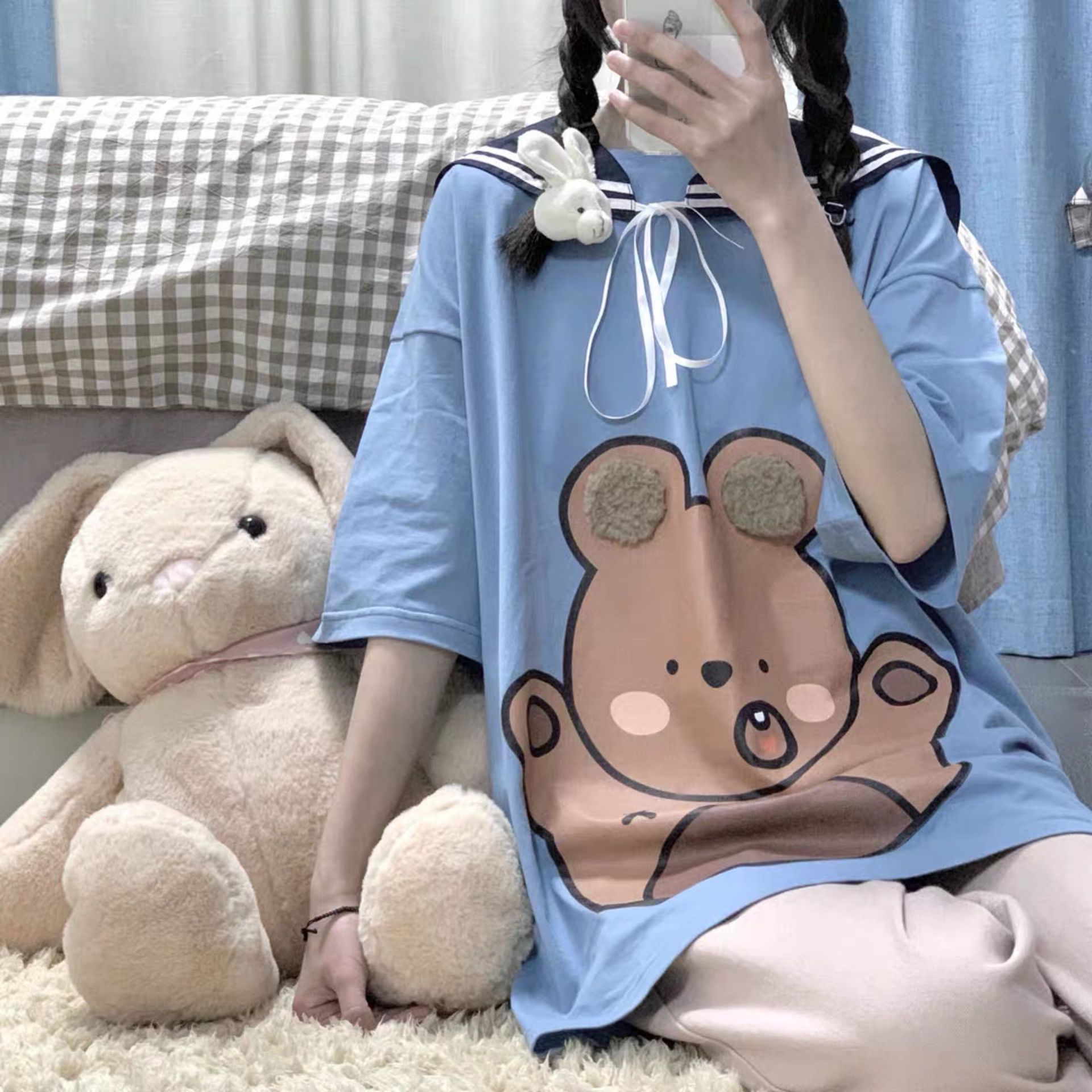 新款夏季日系软妹可爱小熊海军假领韩版学生闺蜜宽松短袖t恤上衣