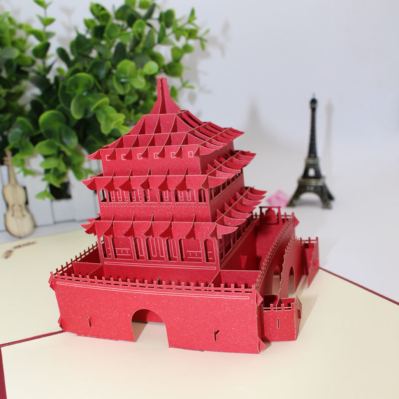 西安钟楼3d立体贺卡剪纸雕刻纸质工艺品摆件镂空祝福卡印刷旅游