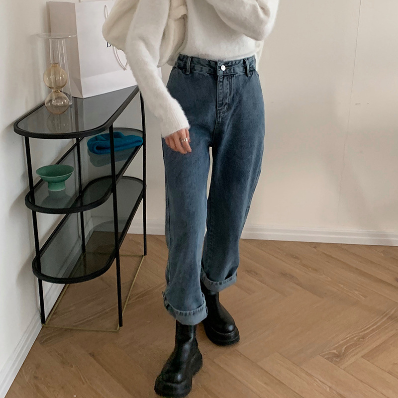 实拍 高腰显瘦牛仔长裤女裤腿纽扣可调节卷边阔腿直筒裤34663