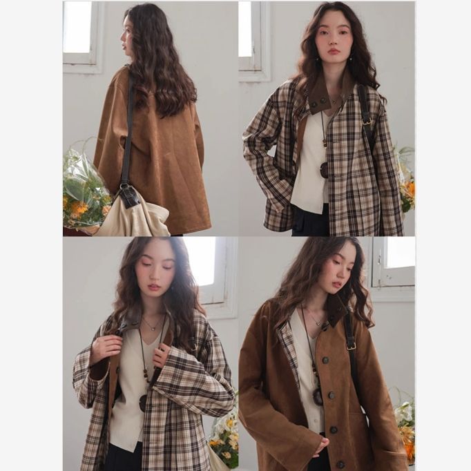 美拉德秋冬宽松复古柔雾感仿麂皮绒格纹正反两面穿VTG立领外套女