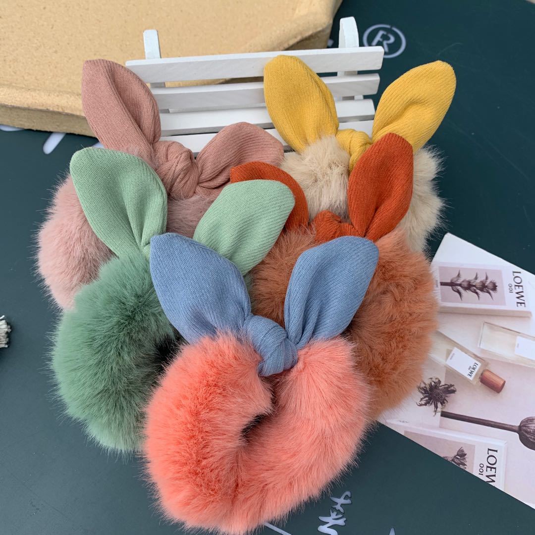 毛绒发圈动物卡通马尾发绳可爱兔耳朵发圈女式简约仿兔毛大肠发圈