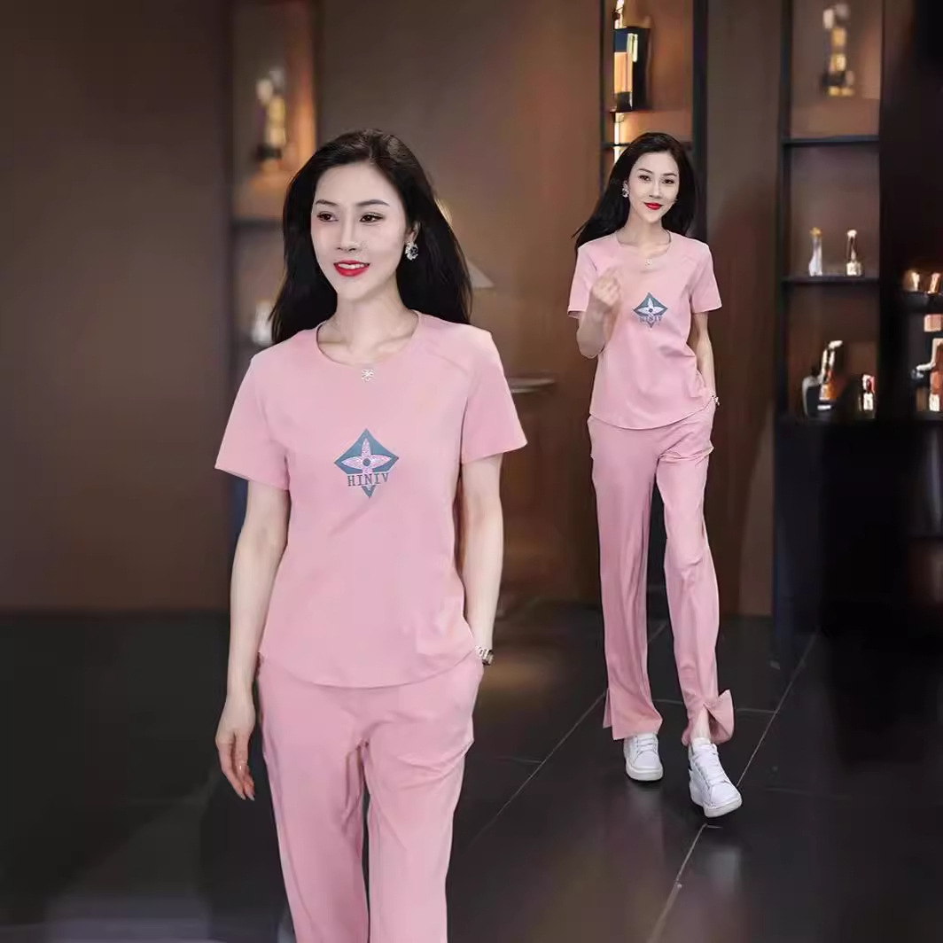 棉质阔腿裤圆领短袖t恤夏2024新款女运动套装休闲瑜伽服校服-阿里巴巴