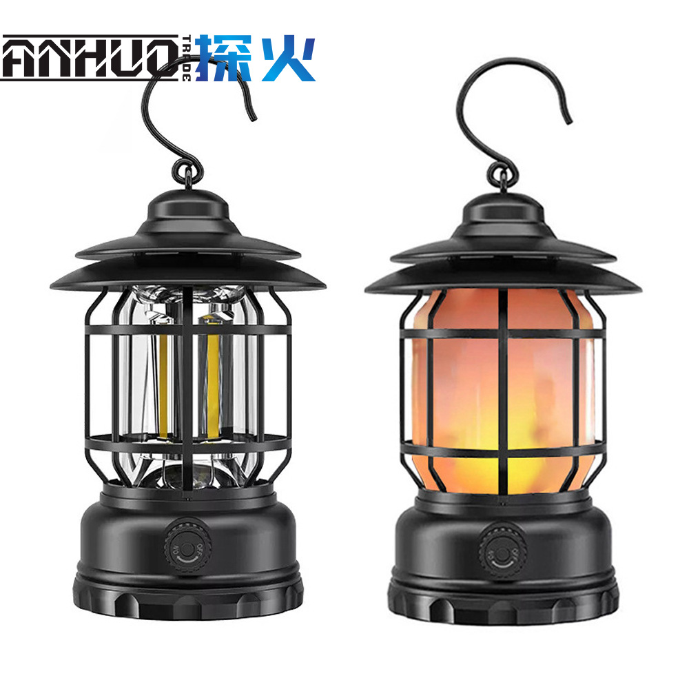 Outdoor Multi-Functional Retro Camping Lantern Ultra-Long Life Battery Usb Charging Flame Lamp Camping Lamp Atmosphere Tent Light