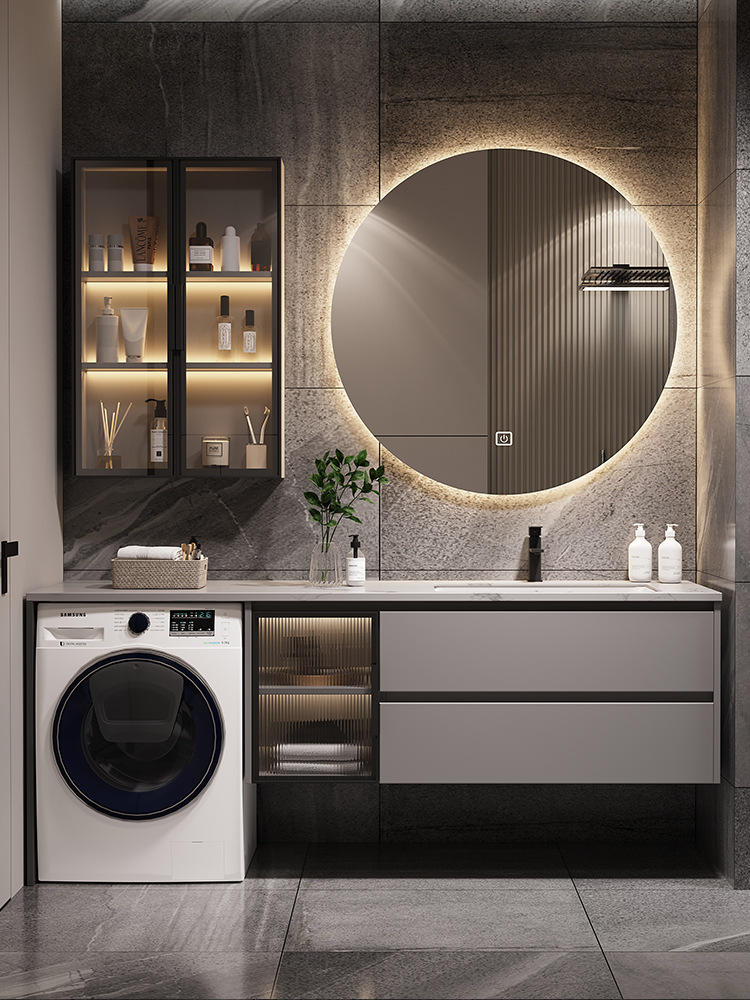 现代阳台洗衣机柜组合岩板浴室柜一体台盆洗手洗脸盆卫生间洗漱台