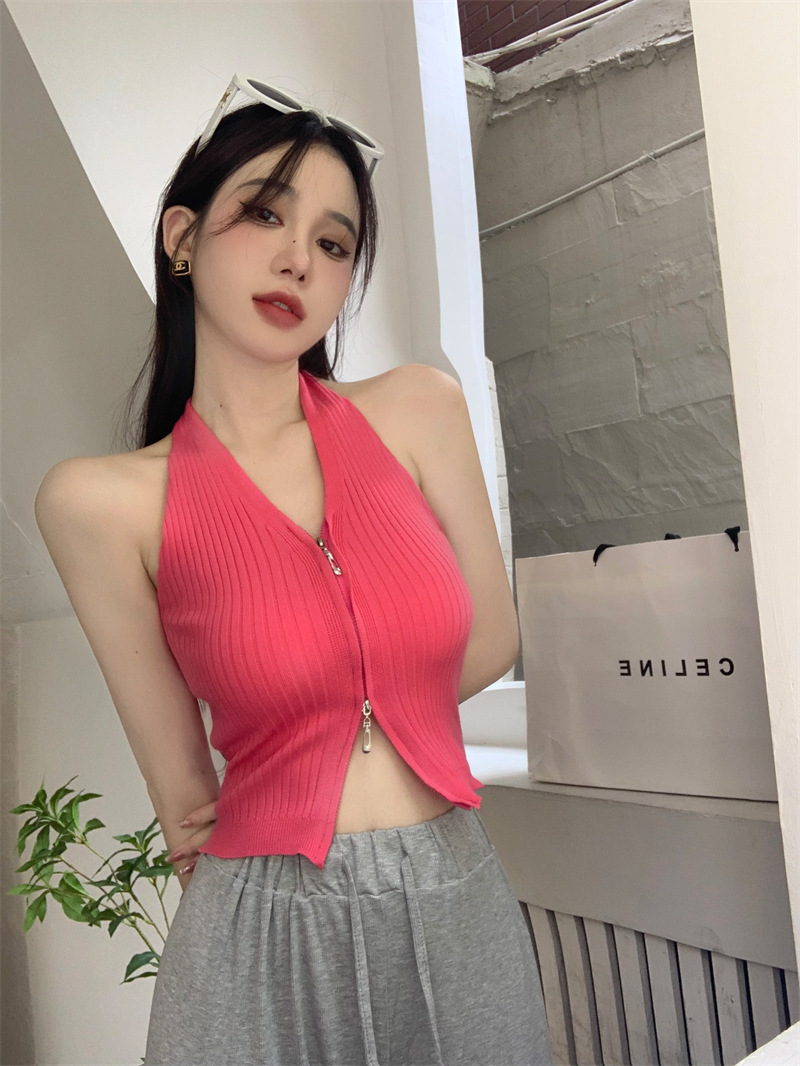 玫红色拉链v领挂脖针织吊带背心女夏季外穿纯欲辣妹性感抹胸上衣