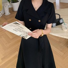 小黑裙高级感黑色连衣裙女2023夏气质小个子中长款雪纺短袖西装裙