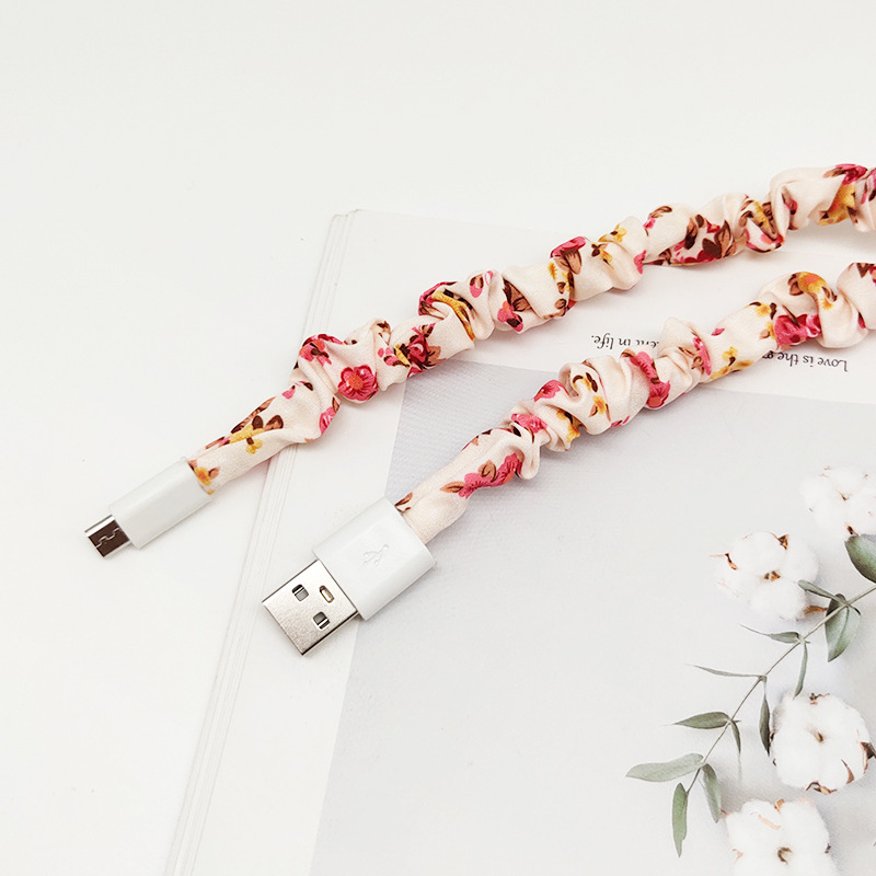 新款包布工艺2a通用安卓数据线印花褶皱肠圈充电 数据传输1米