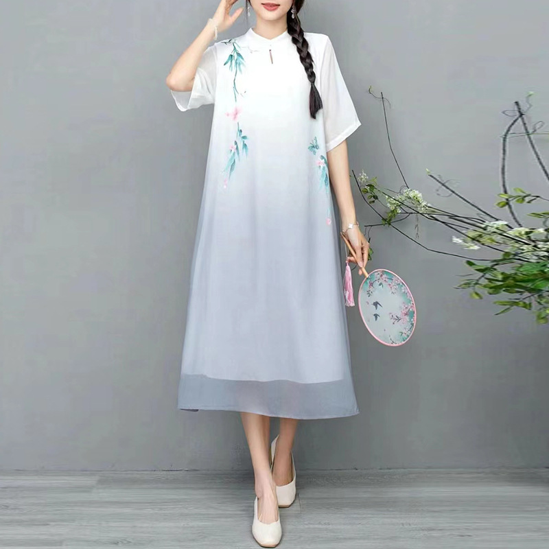 印花改良旗袍连衣裙女2024夏季胖mm大码显瘦女士妈妈雪纺绣花长裙
