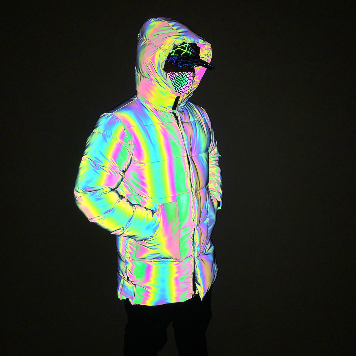 2024冬季男女时尚中长款炫彩反光棉服欧美跨境彩虹色镭射夜光棉衣