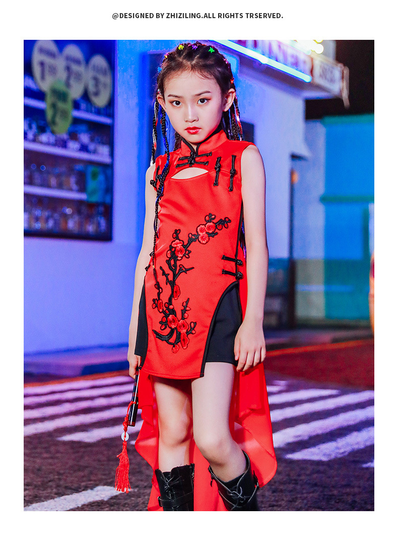 中国风爵士舞服装女童国潮走秀舞台潮服时尚 儿童国风模特t台旗袍