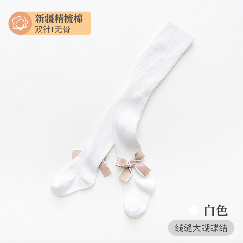 New Children's Pantyhose Anti-Pilling Spring and Autumn Wide Striped Two-Color Bow Cotton Girl's Leggings 