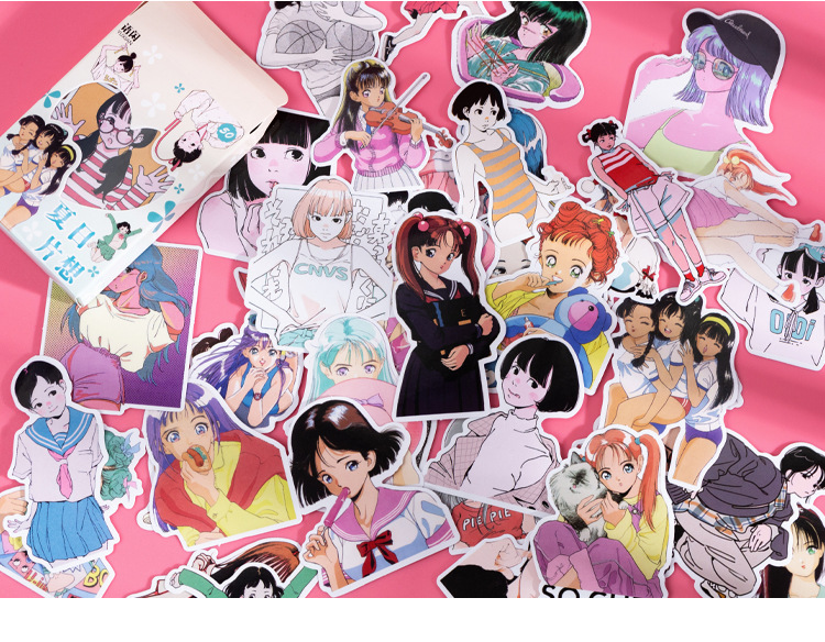 语闲盒装贴纸 人间甜妹系列卡通动漫手帐日记素材装饰贴50枚入6款