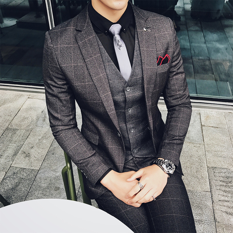 商务男士西装套装男装三件套韩版修身西服套装年会礼服结婚新郎装