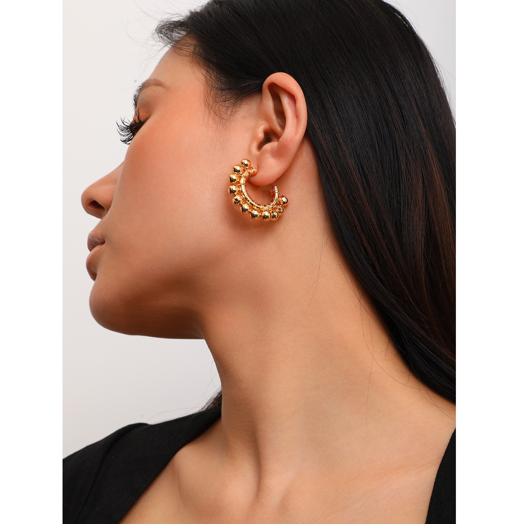 欧美小众设计款半圆耳圈金属百搭几何黄铜耳饰 复古c形圆球耳环女