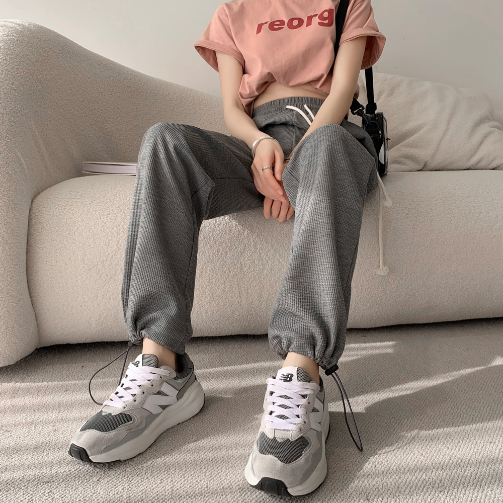 高级感华夫格卫裤女春季宽松束脚潮流灰色运动休闲裤bf港风