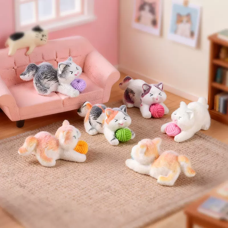 新款植绒憨猫戏线团车载树脂小摆件园艺微景观装饰品发饰DIY配件