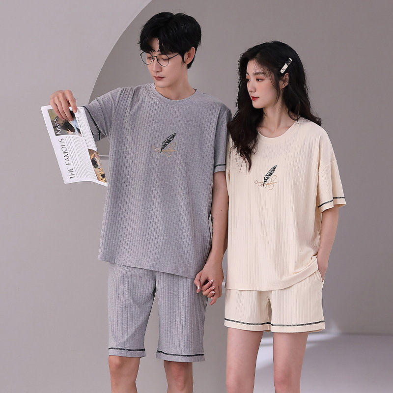 Modal Couple Pajamas Summer Short Sleeve Ice Silk Cotton Silk Cartoon Simple Homewear Men's Women's Suit Thin