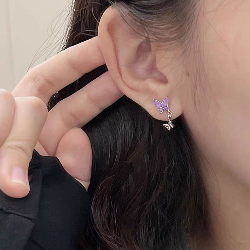 Korean Style Fresh Sweet Elegance All-Match Purple Butterfly Earrings for Women Mori Style Design Sense Niche Earrings Fashion Earrings